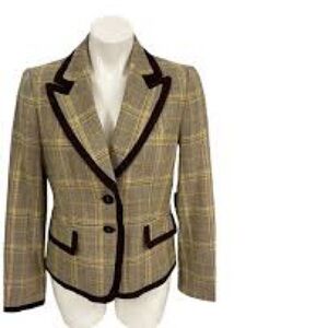 Nine West Plaid Tweed Blazer Women’s Size 12 Brown Yellow Wool Blend